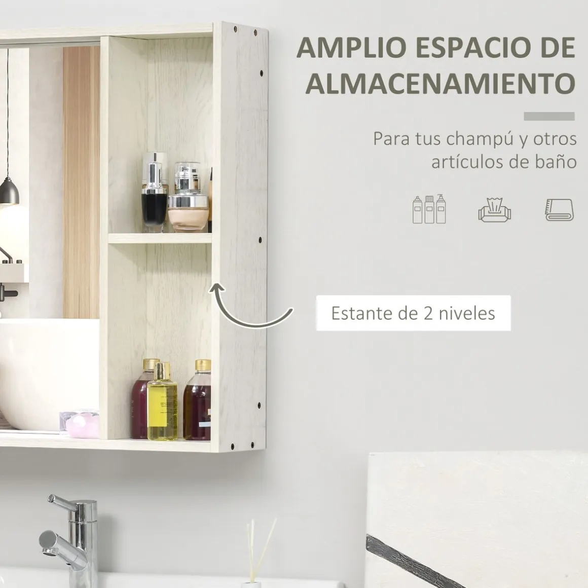 Armario de baño Orquídea Kleankin con espejo + 2 compartimentos blanco 65x63x15 cm