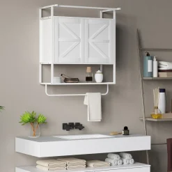 Armario de baño Positive Homcom 2 puertas con toallero blanco 75x63x34 cm