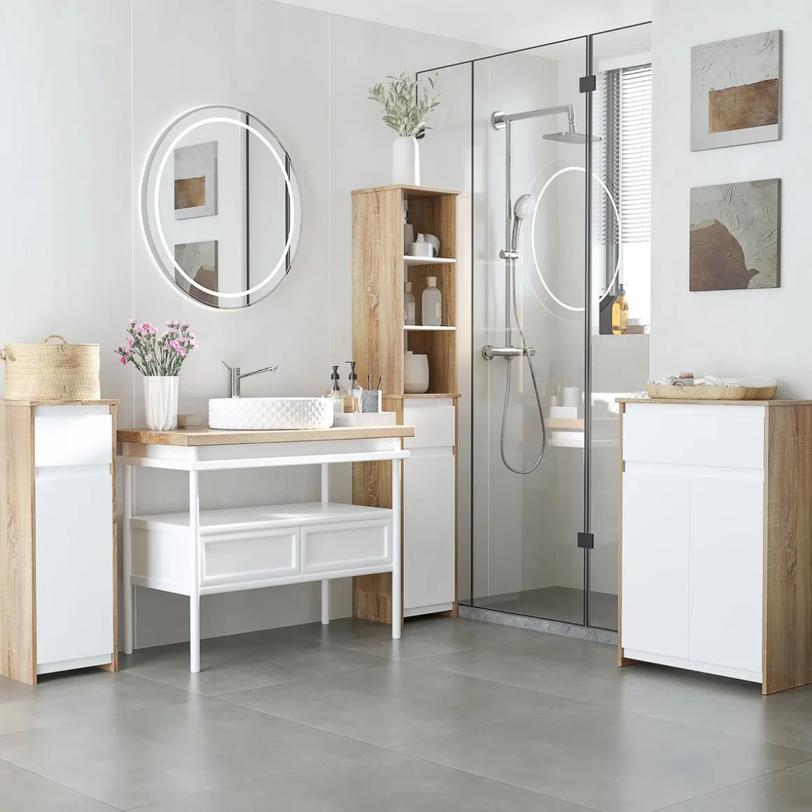 Armario de baño Yuli Kleankin con 2 estantes natural/blanco 90x32,6x30 cm