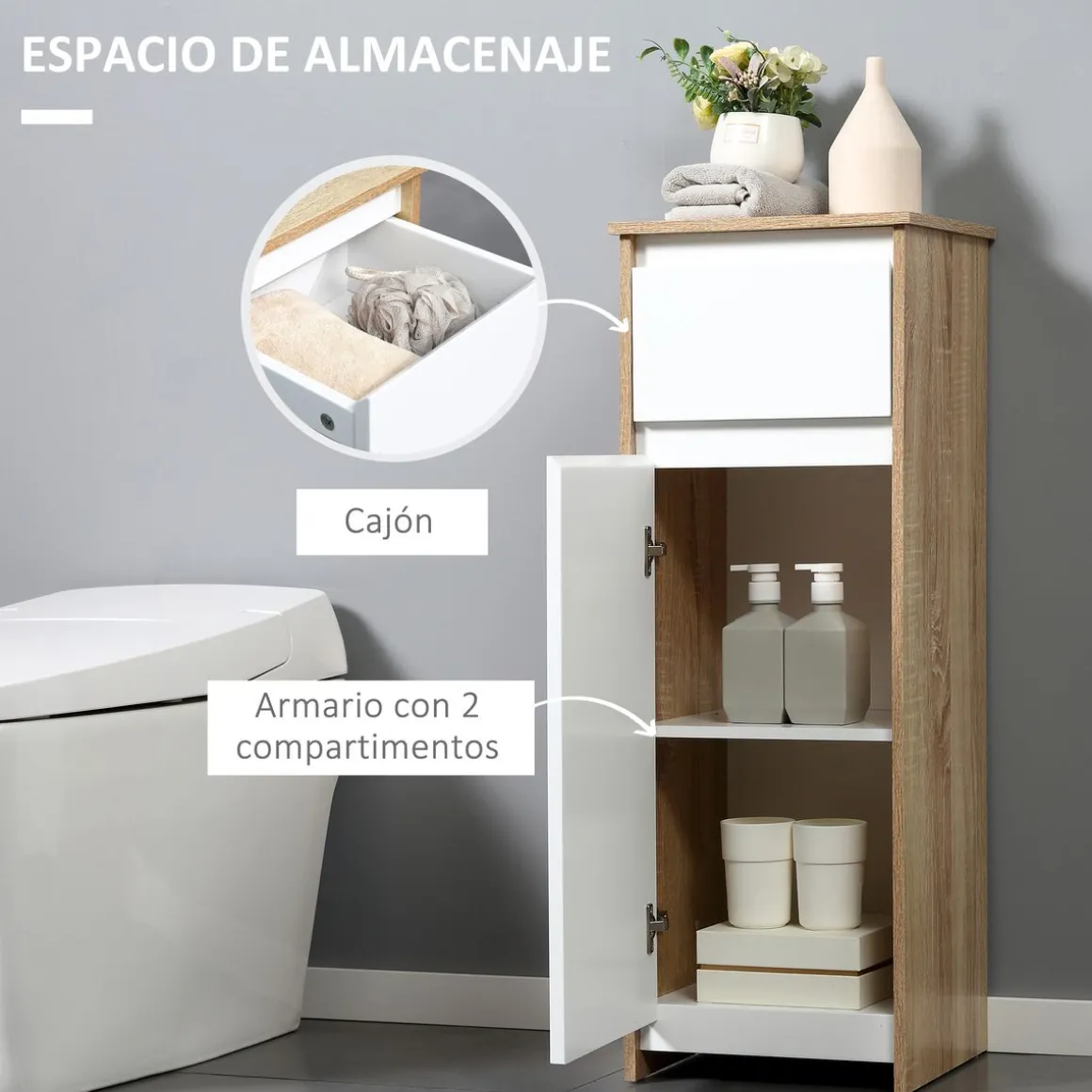 Armario de baño Yuli Kleankin con 2 estantes natural/blanco 90x32,6x30 cm