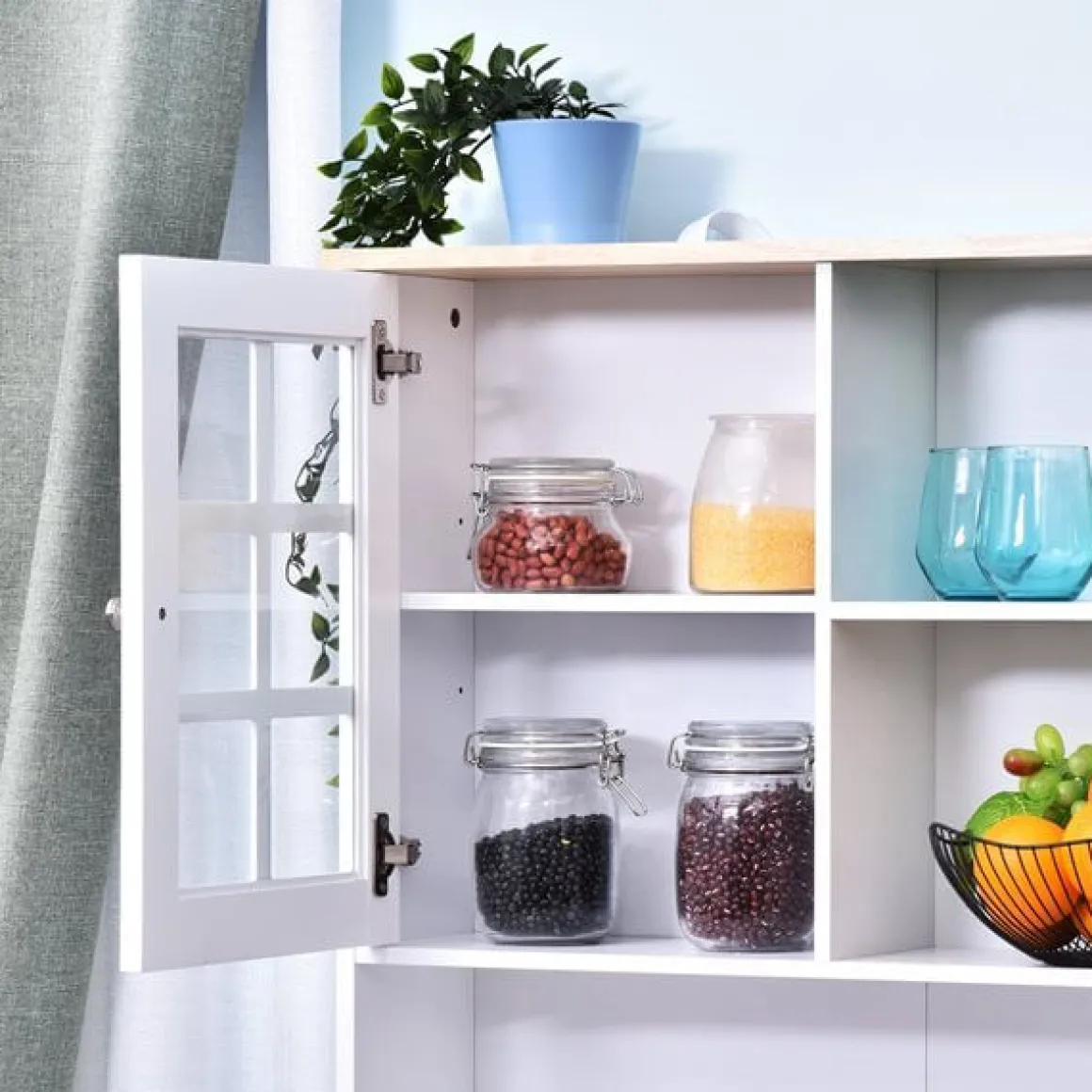 Armario de cocina Homcom estantes con puertas de cristal blanco/natural 183x80x37 cm