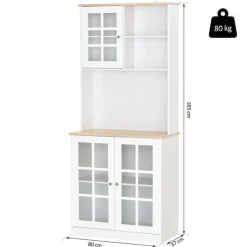 Armario de cocina Homcom estantes con puertas de cristal blanco/natural 183x80x37 cm