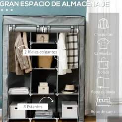Armario de tela Homcom 8 estantes 2 barras plegable 162,5x125x43 cm