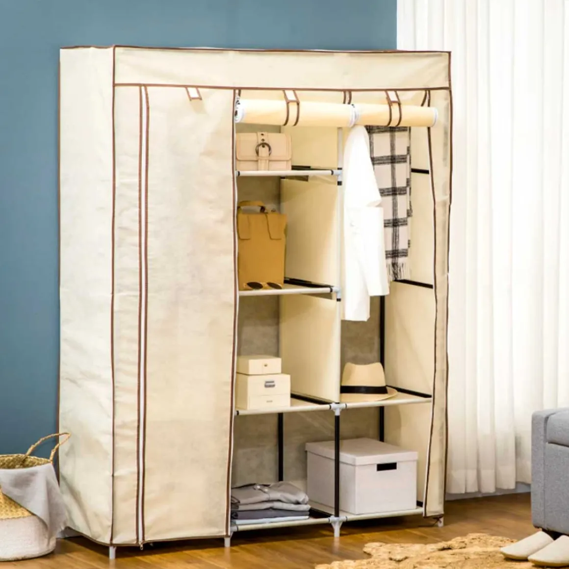 Armario de tela Homcom 8 estantes 2 barras plegable 162,5x125x43 cm