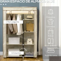 Armario de tela Tula Homcom plegable 6 estantes + 1 barra 162,5x103x43 cm