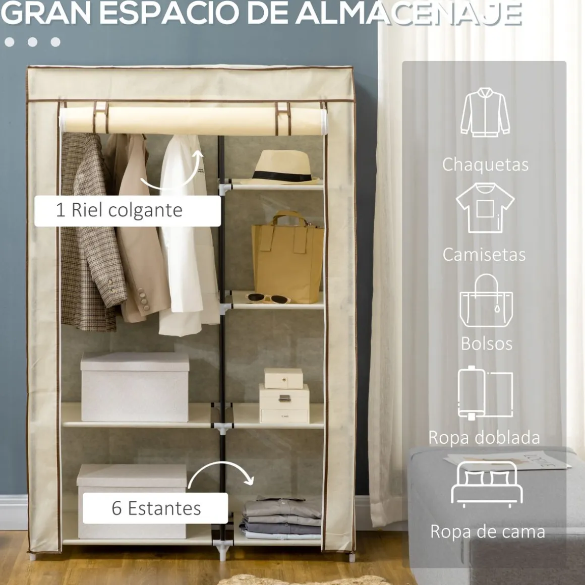 Armario de tela Tula Homcom plegable 6 estantes + 1 barra 162,5x103x43 cm