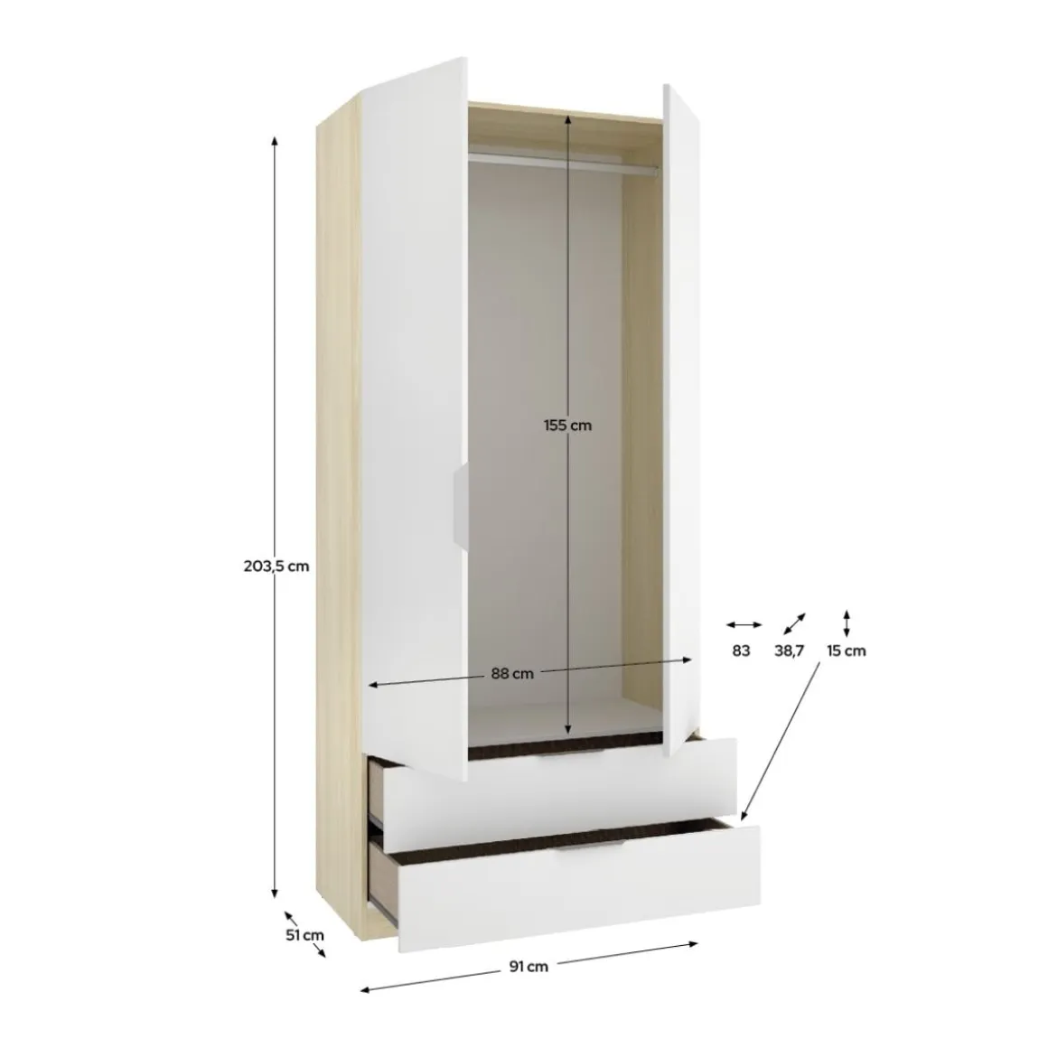 Armario Emax 2 puertas batientes y 2 cajones 203,5x91x51,4 cm