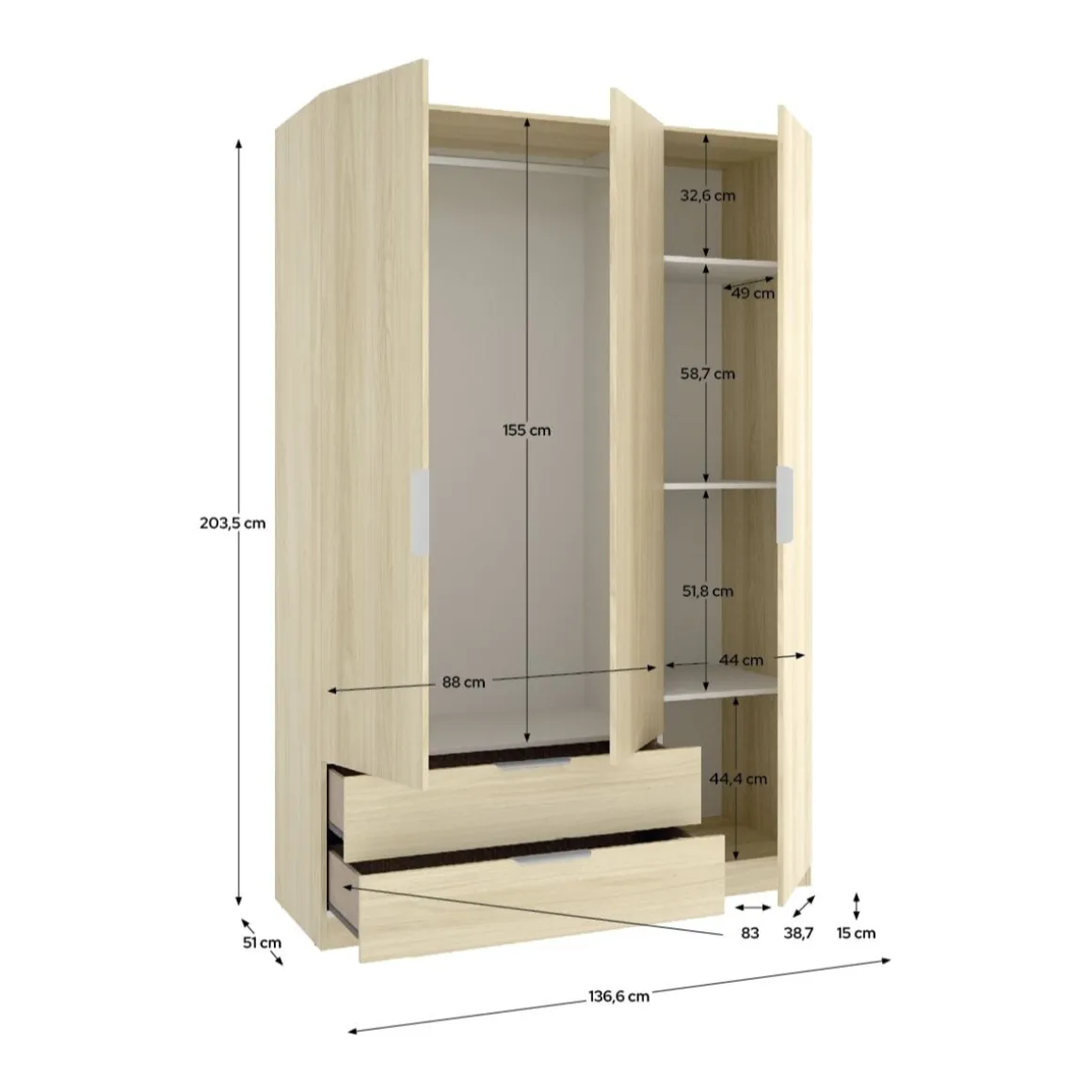 Armario Emax 3 puertas con 2 cajones 203,5x136,6x51,4 cm