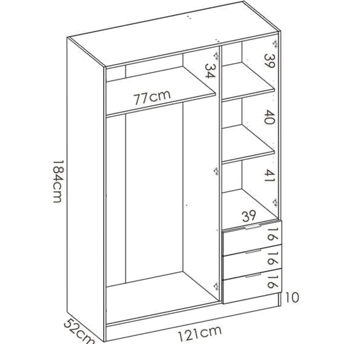 Armario Essen 3 puertas abatibles con 3 cajones 184x121x52 cm