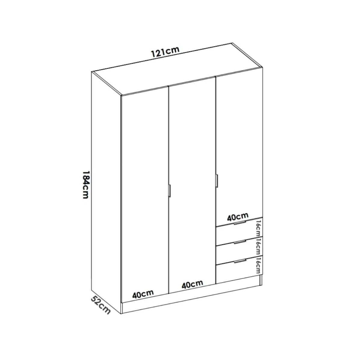 Armario Essen 3 puertas abatibles con 3 cajones 184x121x52 cm