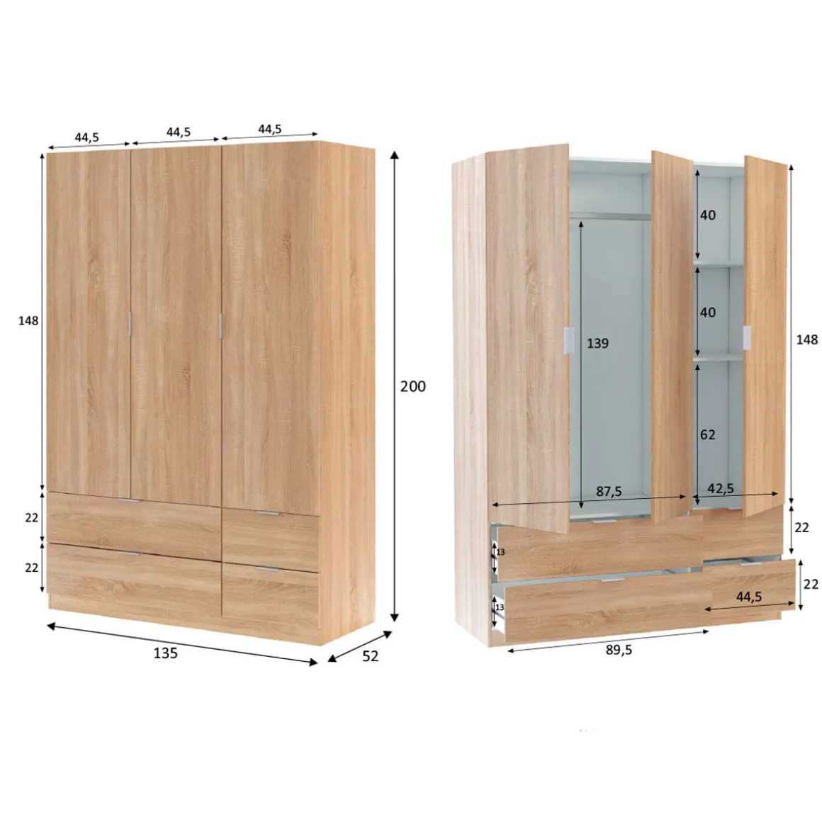 Armario LC 3 puertas + 4 cajones roble 200x135x52 cm