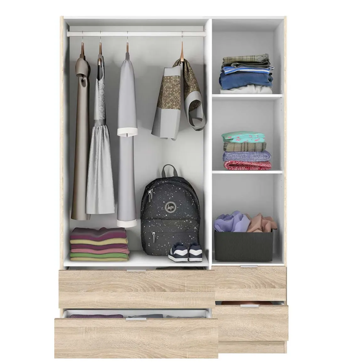 Armario LC 3 puertas + 4 cajones roble 200x135x52 cm