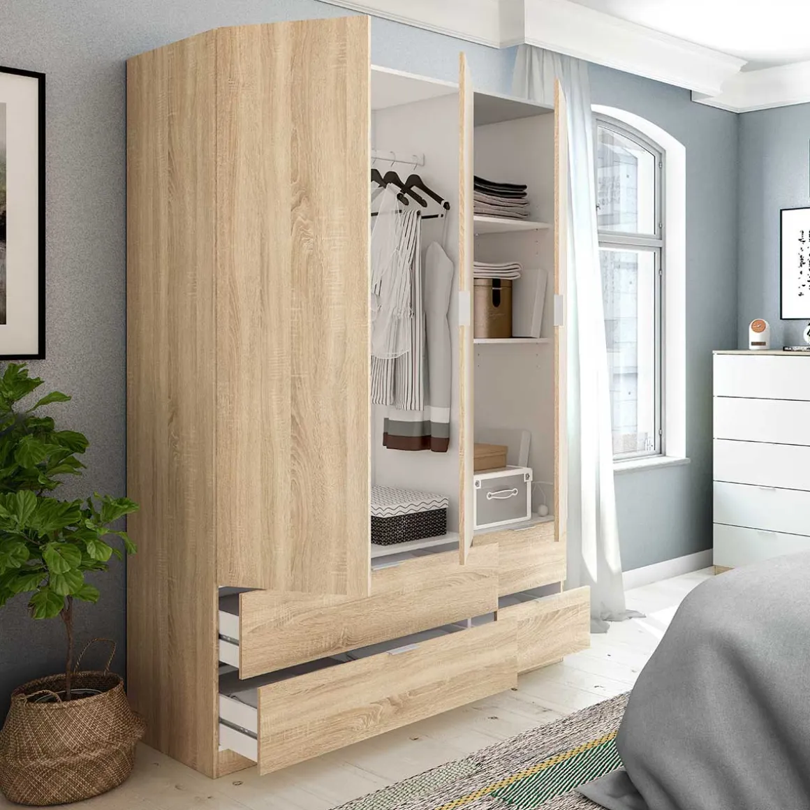 Armario LC 3 puertas + 4 cajones roble 200x135x52 cm