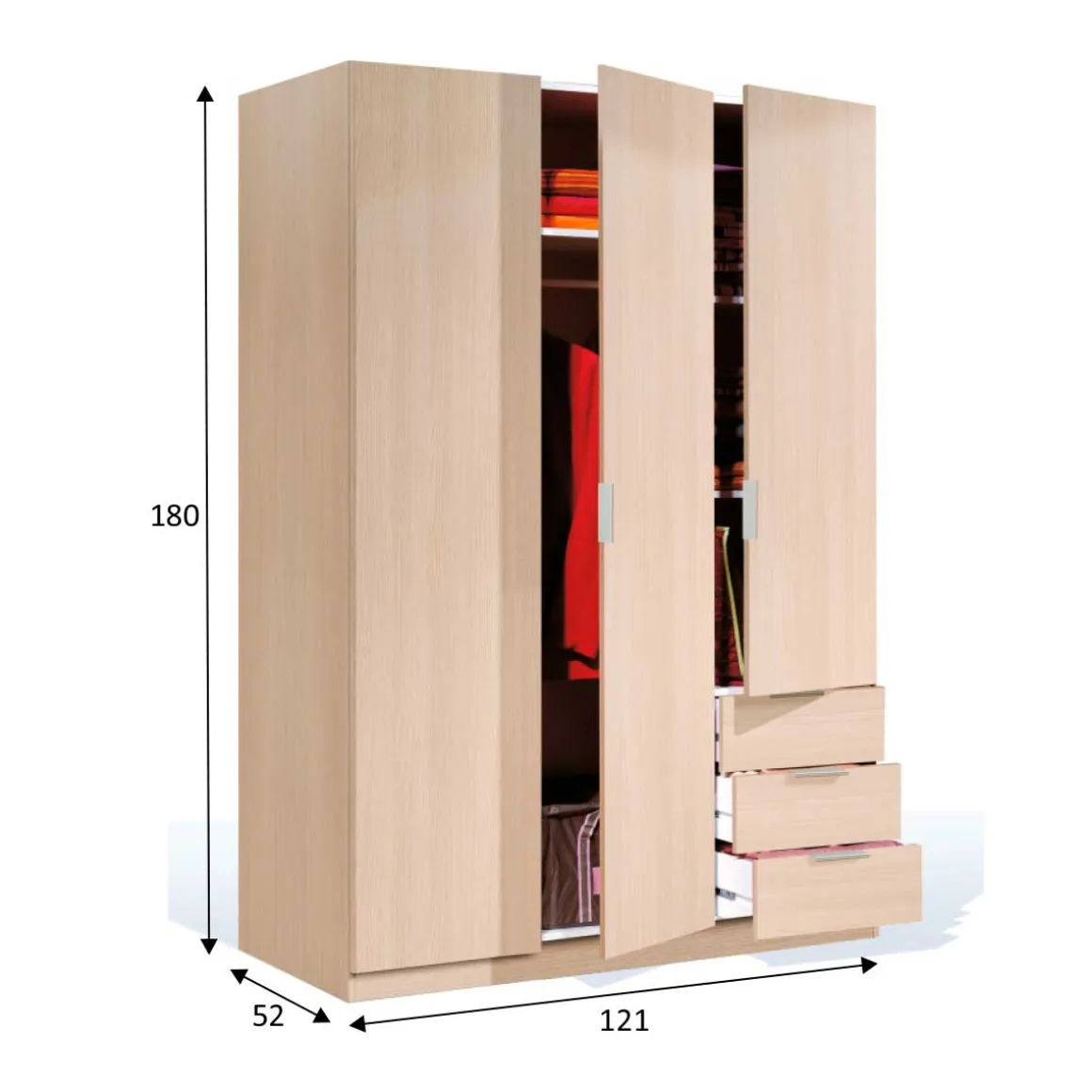 Armario LC 3 puertas + 3 cajones 180x121x52 cm