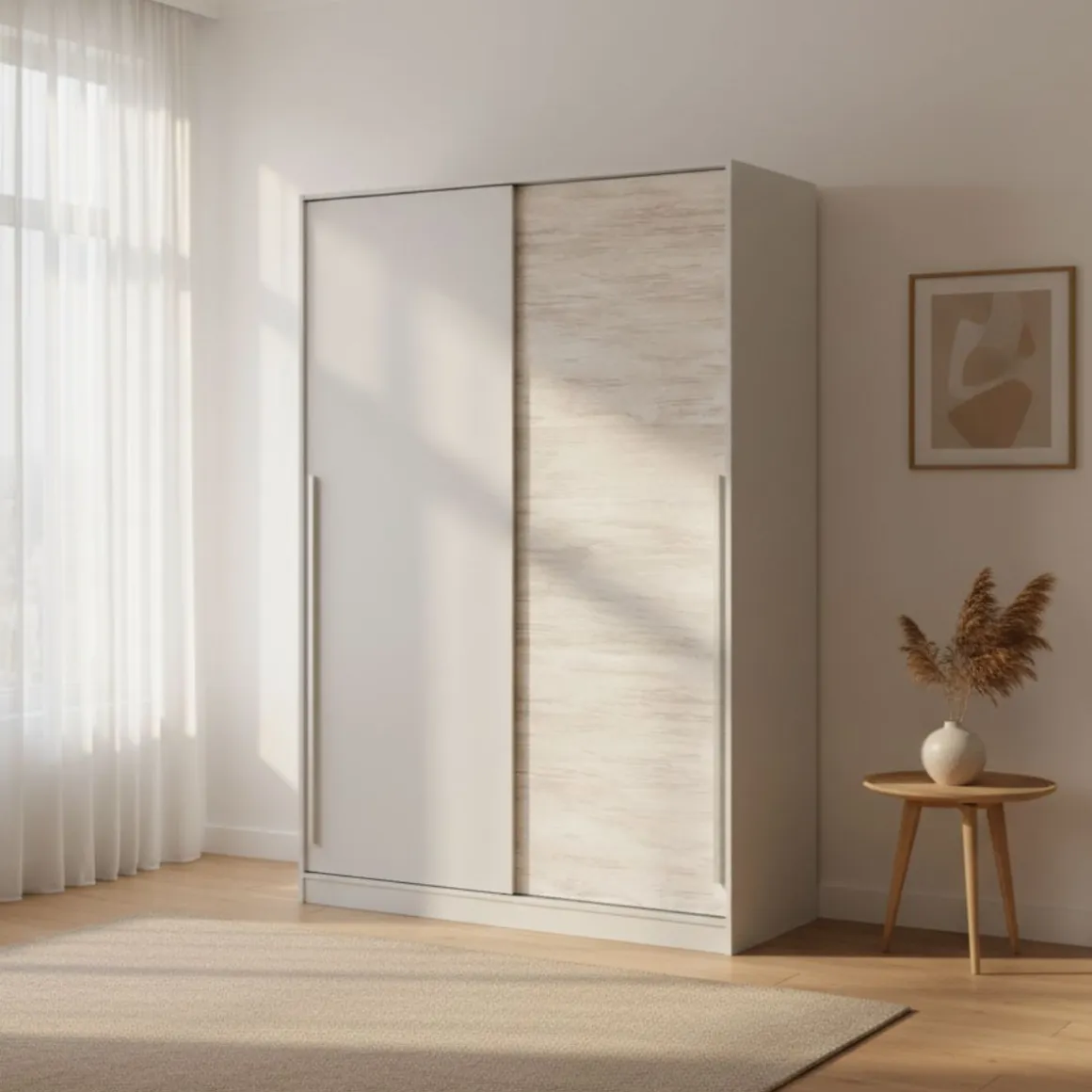 Armario Max 2 puertas correderas + 4 estantes + barra para colgar blanco/gris 200x120x50 cm