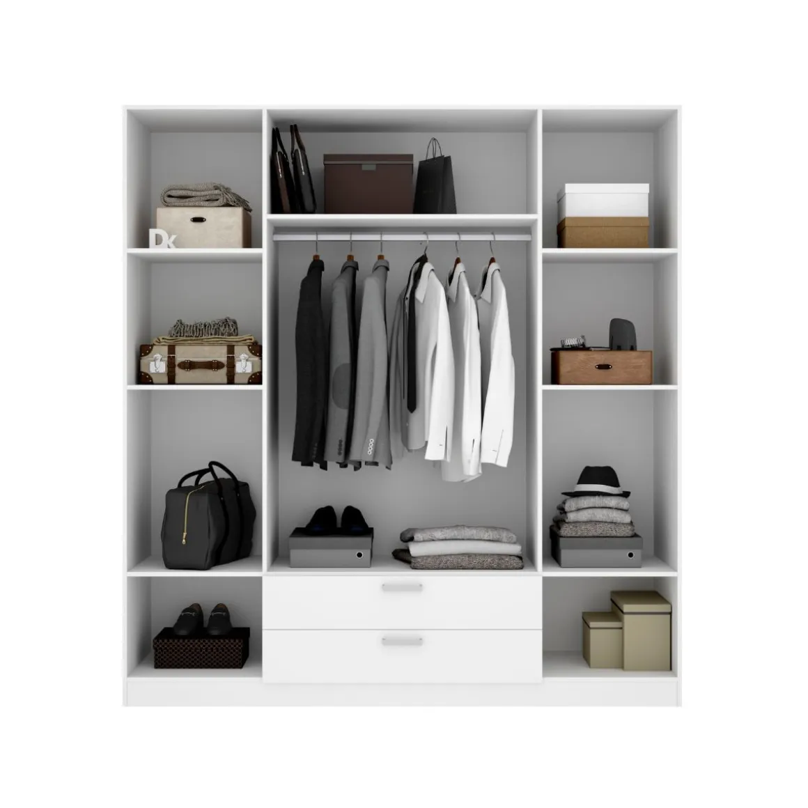 Armario Maxi 4 puertas + barra + 2 cajones + 9 compartimentos blanco 215x200x52 cm