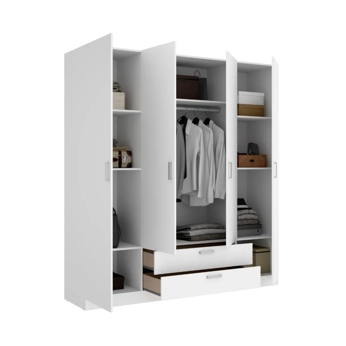 Armario Maxi 4 puertas + barra + 2 cajones + 9 compartimentos blanco 215x200x52 cm