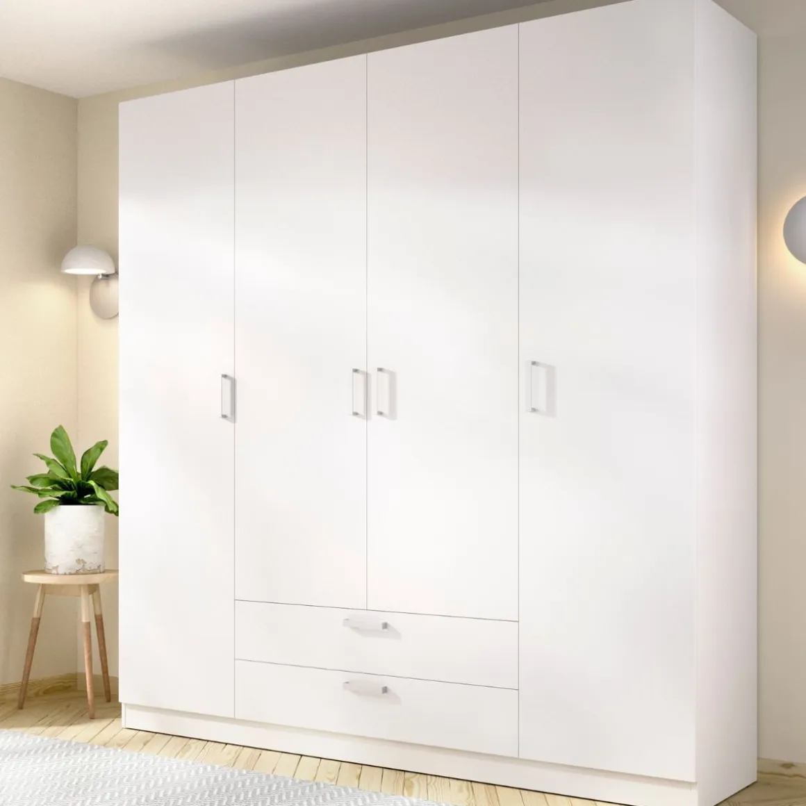 Armario Maxi 4 puertas + barra + 2 cajones + 9 compartimentos blanco 215x200x52 cm