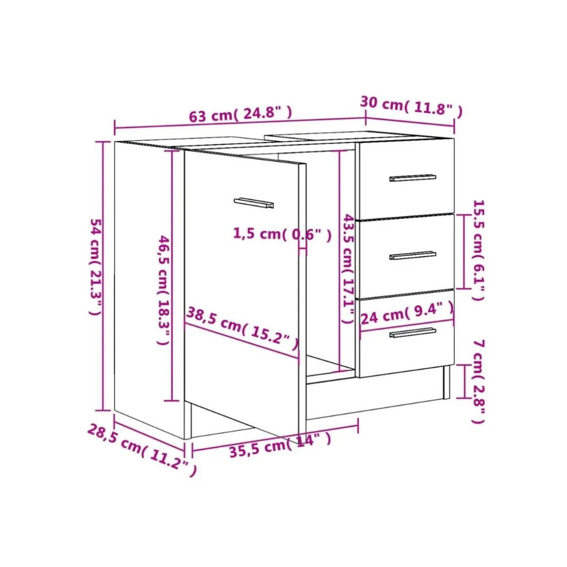 Armario para lavabo Kemba 1 armario + 3 cajones 54x63x30 cm