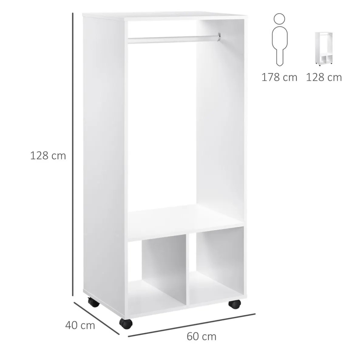 Armario ropero Adams Homcom con barra + 2 compartimentos blanco 128x60x40 cm