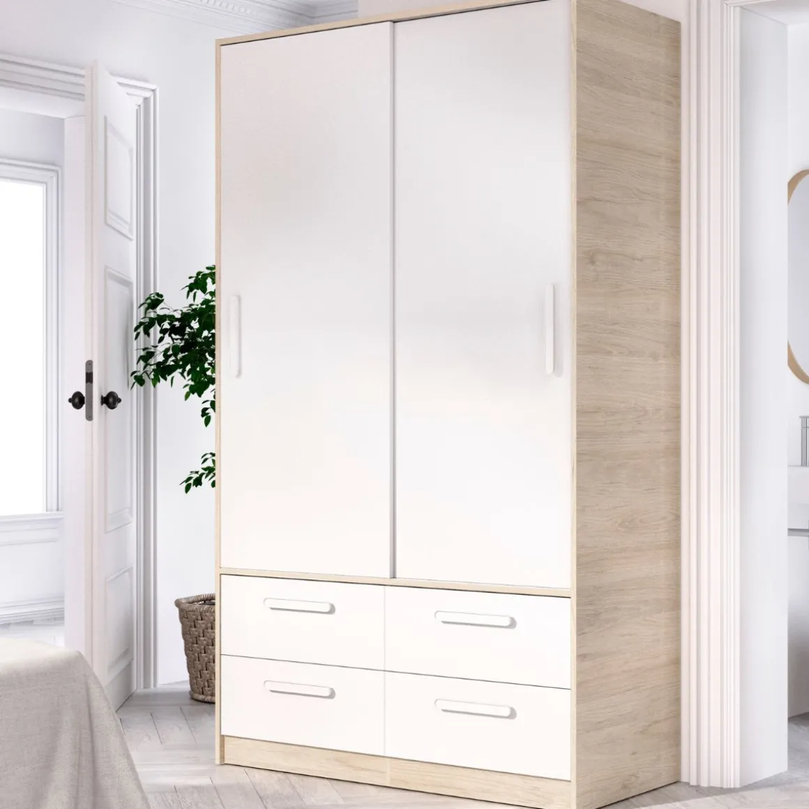 Armario Slide 2 puertas correderas + 4 cajones natural/blanco 204x120x60 cm