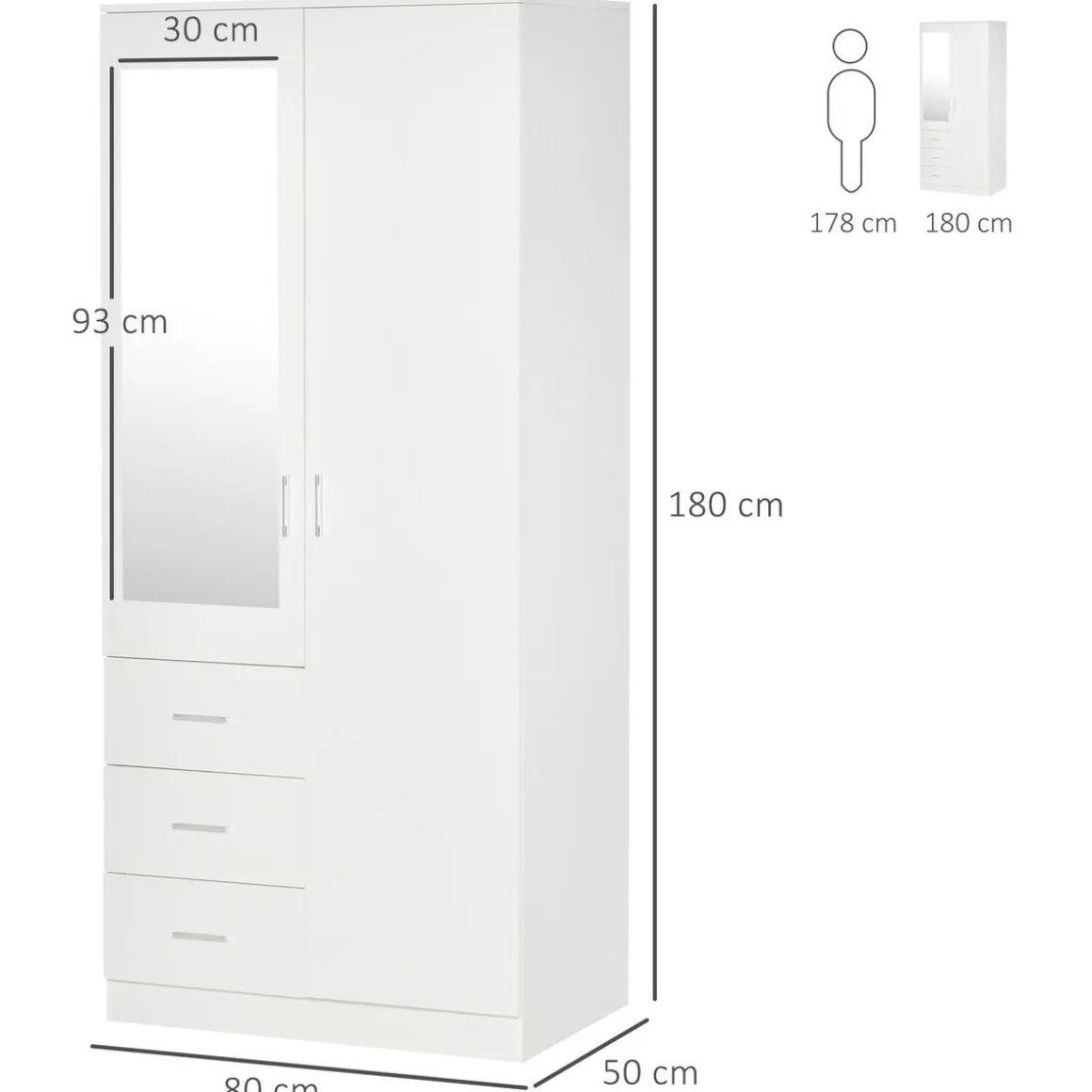 Armario Tasti Homcom 2 puertas con espejo + 3 cajones blanco 180x80x50 cm