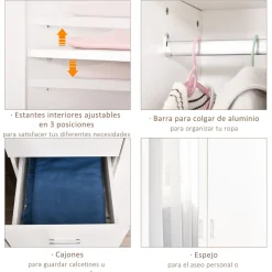 Armario Tasti Homcom 2 puertas con espejo + 3 cajones blanco 180x80x50 cm
