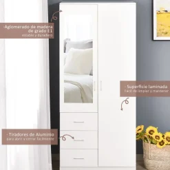 Armario Tasti Homcom 2 puertas con espejo + 3 cajones blanco 180x80x50 cm