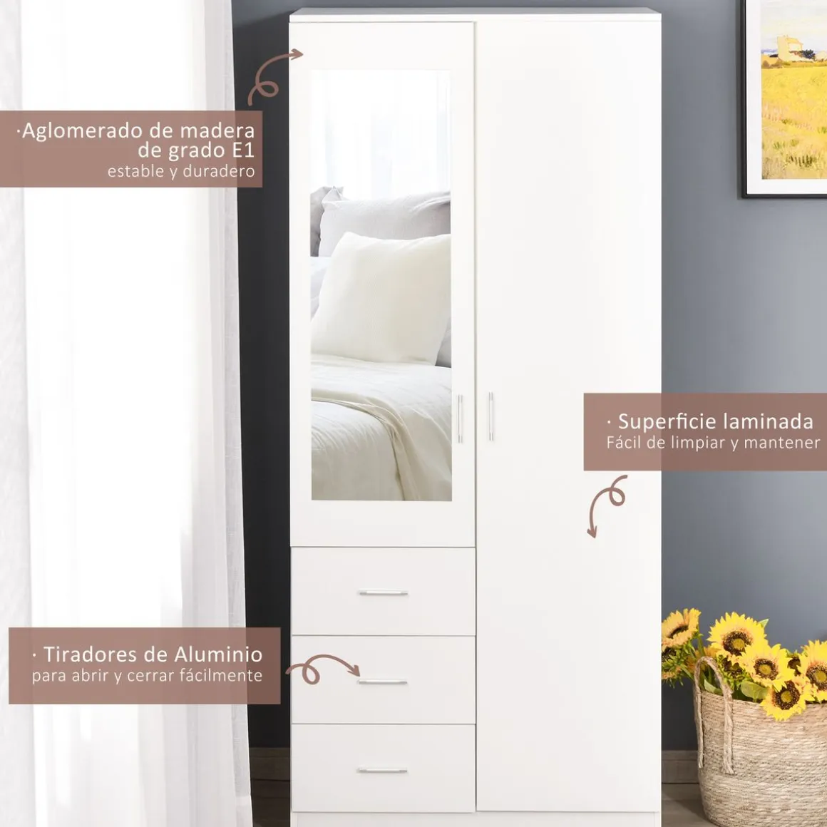 Armario Tasti Homcom 2 puertas con espejo + 3 cajones blanco 180x80x50 cm