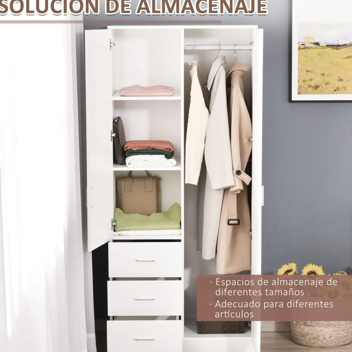 Armario Tasti Homcom 2 puertas con espejo + 3 cajones blanco 180x80x50 cm