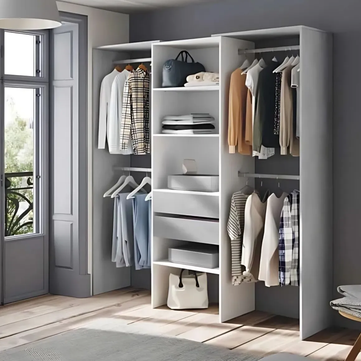 Armario vestidor Drest 4 barras para colgar + 4 estantes + 2 cajones blanco 202x179x50 cm