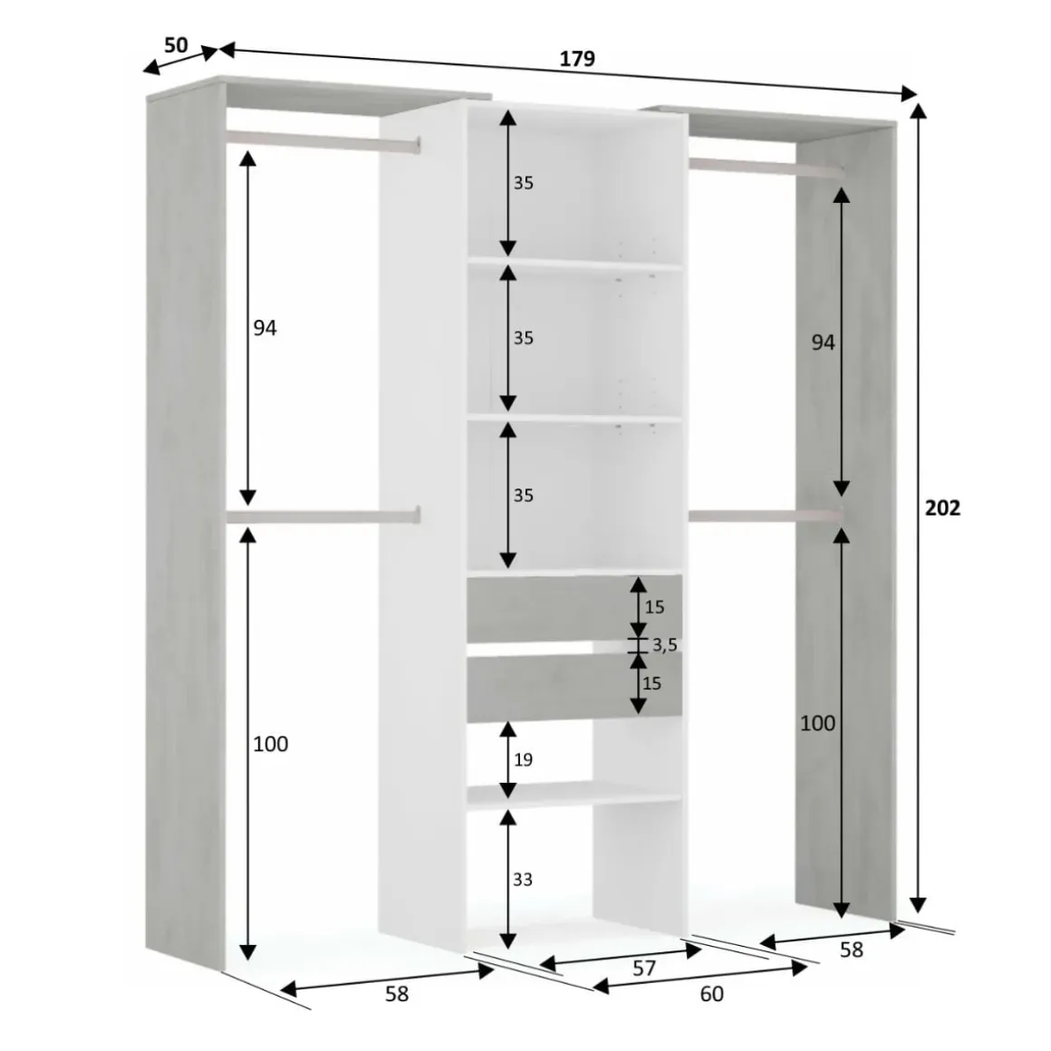 Armario vestidor Drest 4 barras para colgar + 4 estantes + 2 cajones blanco 202x179x50 cm