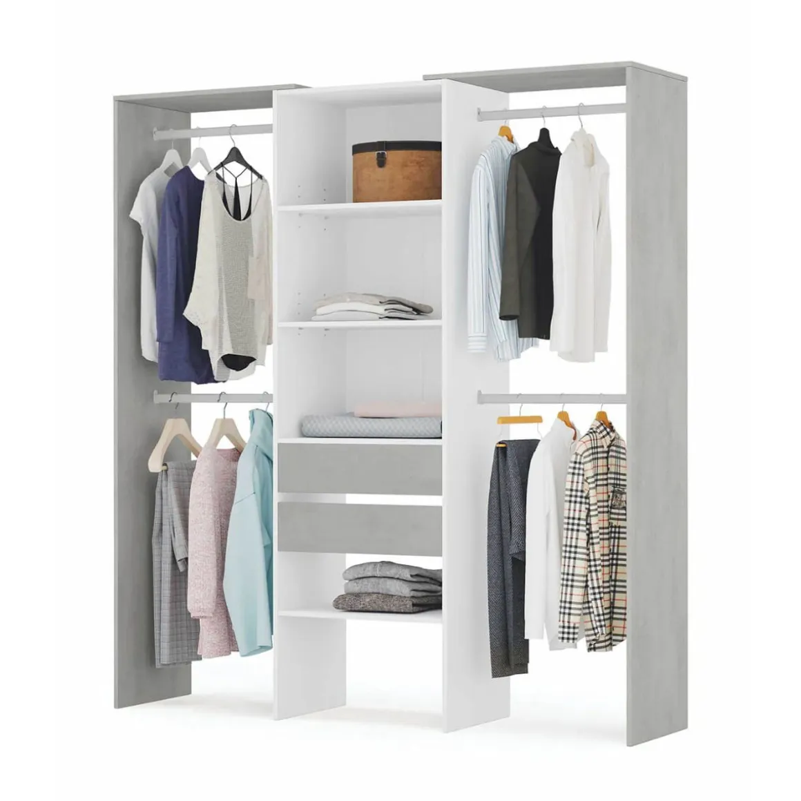 Armario vestidor Drest 4 barras para colgar + 4 estantes + 2 cajones blanco 202x179x50 cm