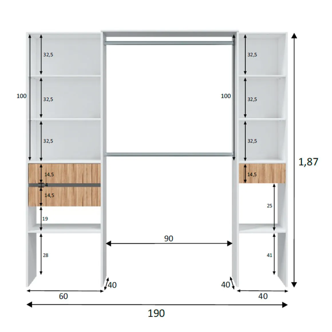 Armario vestidor Ethna 2 estanterías 3 cajones blanco/natural 187x190x40 cm