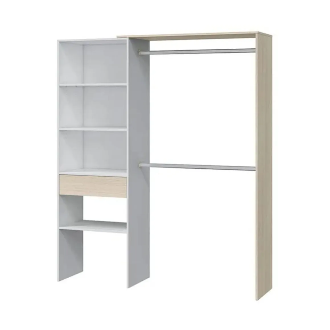 Armario vestidor Hera 2 barras con cajón y estantes blanco/natural 187x158x40 cm