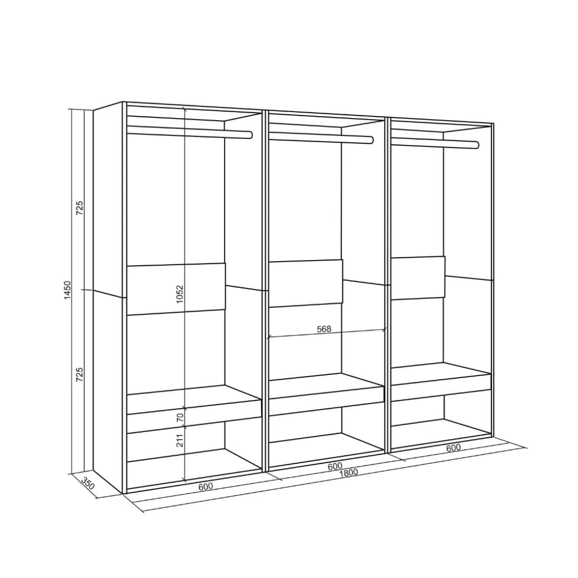 Armario vestidor Kroma 3 barras con 3 compartimentos 145x180x35 cm