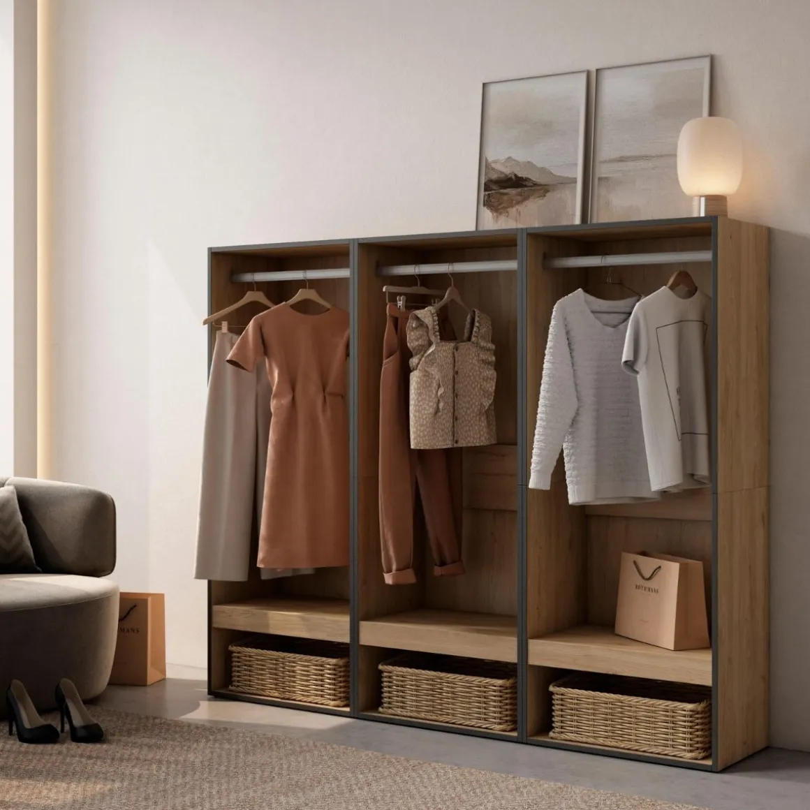 Armario vestidor Kroma 3 barras con 3 compartimentos 145x180x35 cm