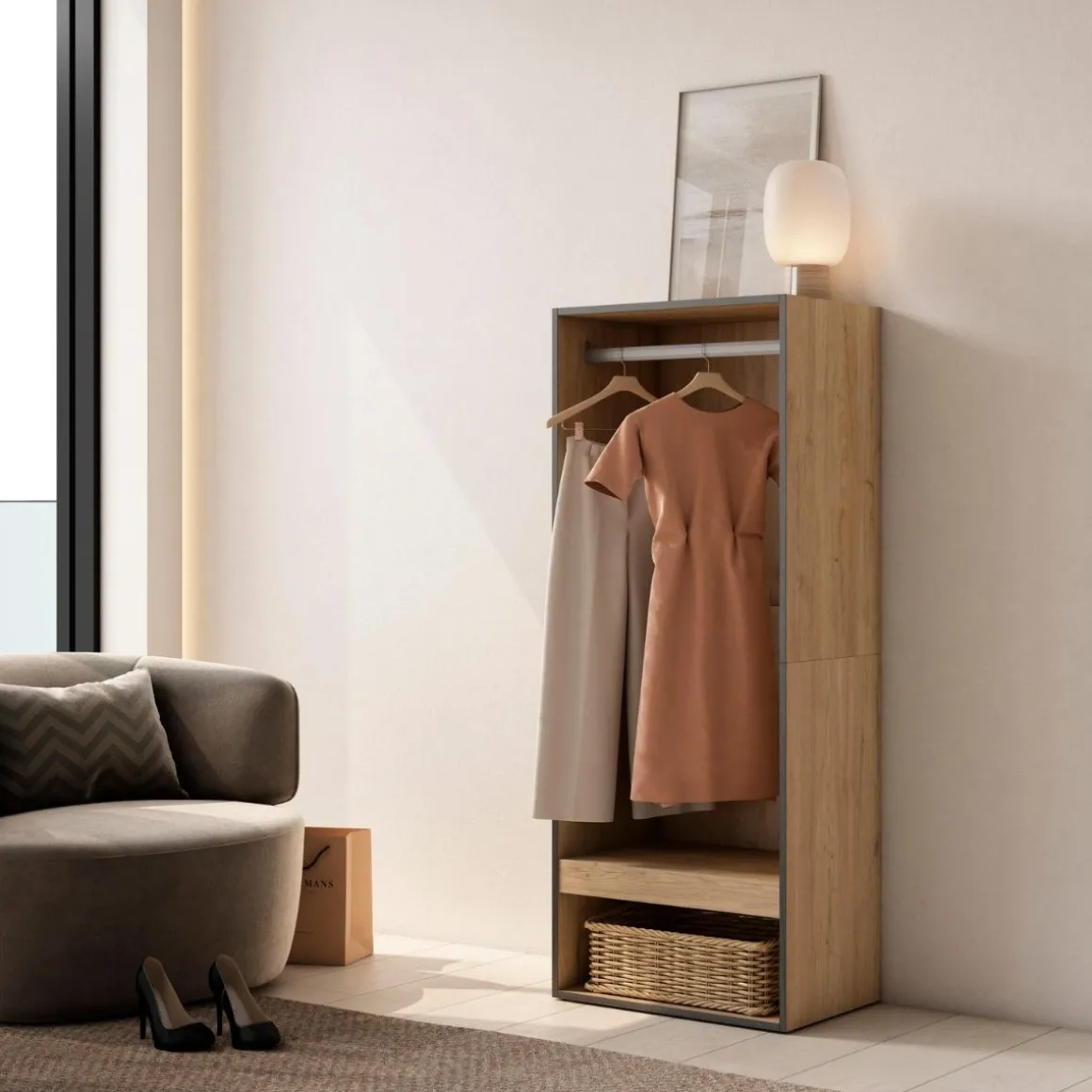 Armario vestidor Kroma módulo con barra y compartimento 145x60x35 cm