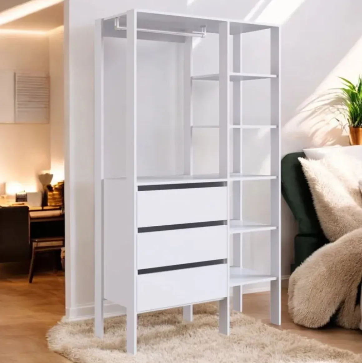 Armario vestidor Lunna 3 cajones + estantes+ barra blanco 181x100x45 cm