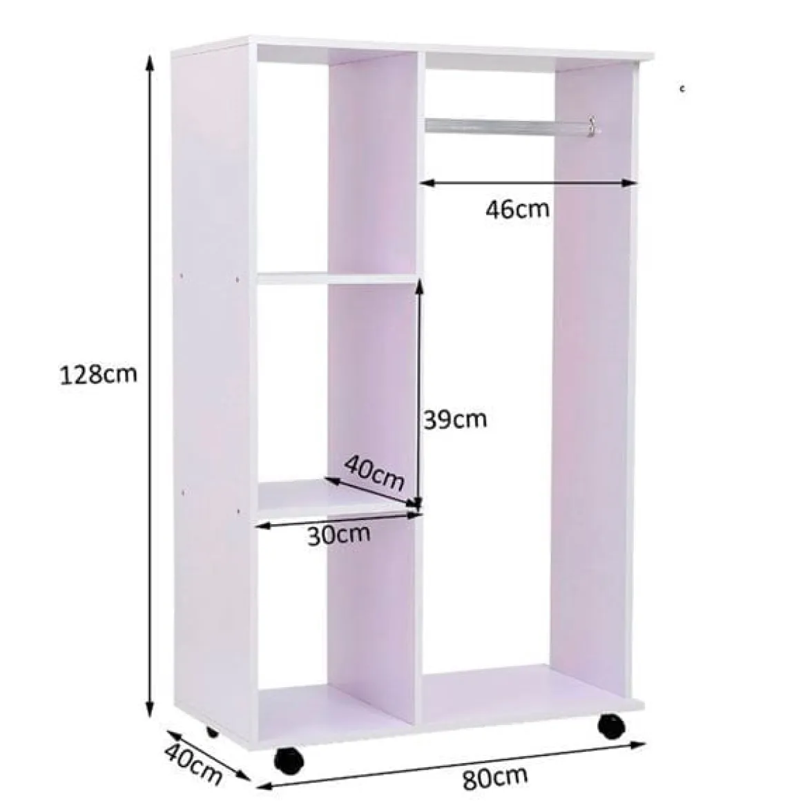 Armario vestidor madera con ruedas blanco 80x40x128 cm