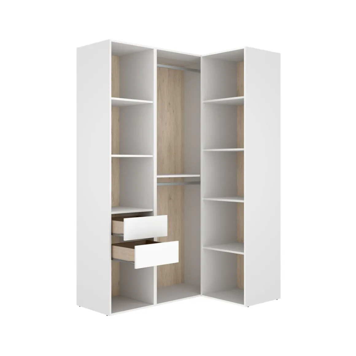 Armario vestidor Suit 2 barras con 2 cajones y 9 compartimentos blanco/natural 205x124x84,5 cm
