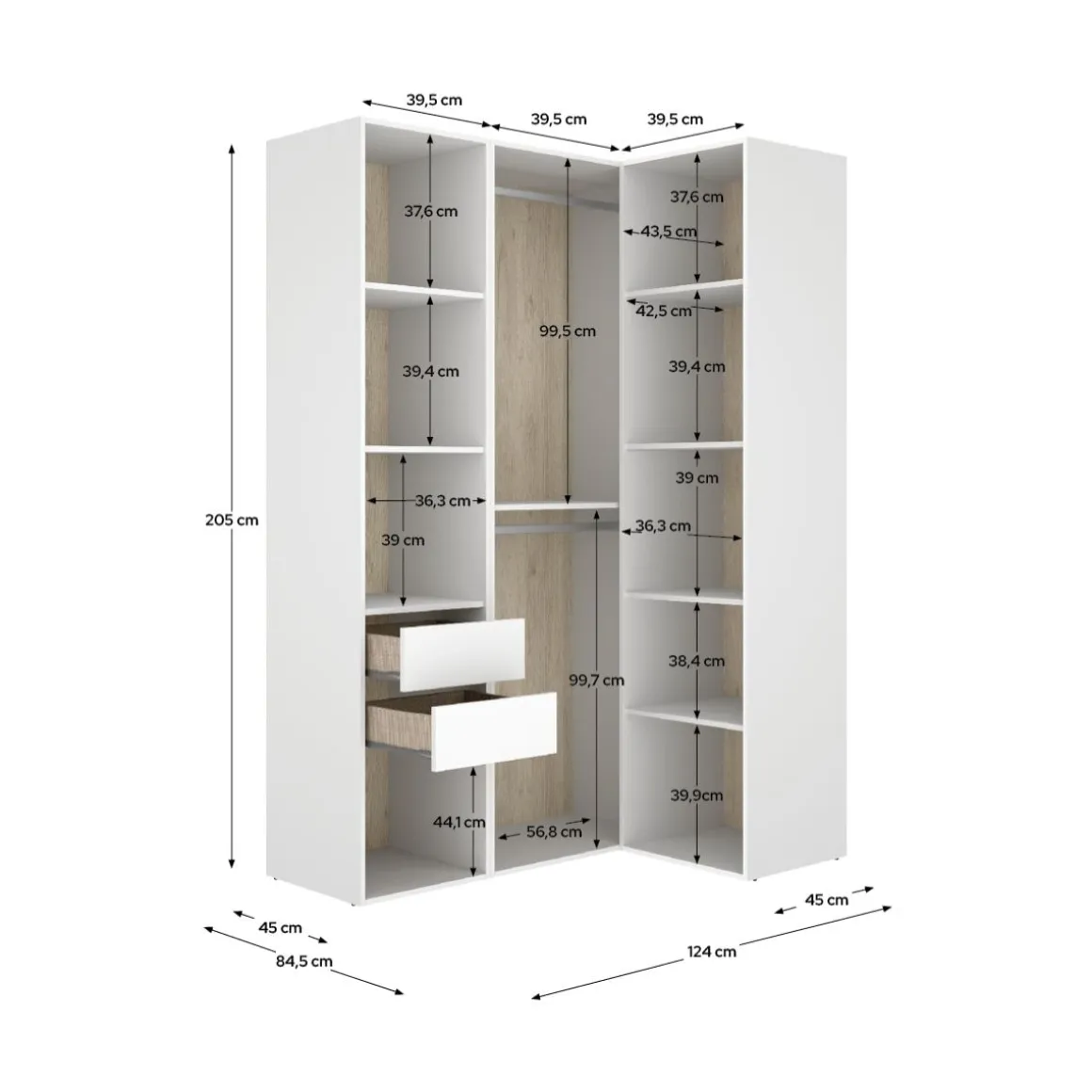 Armario vestidor Suit 2 barras con 2 cajones y 9 compartimentos blanco/natural 205x124x84,5 cm