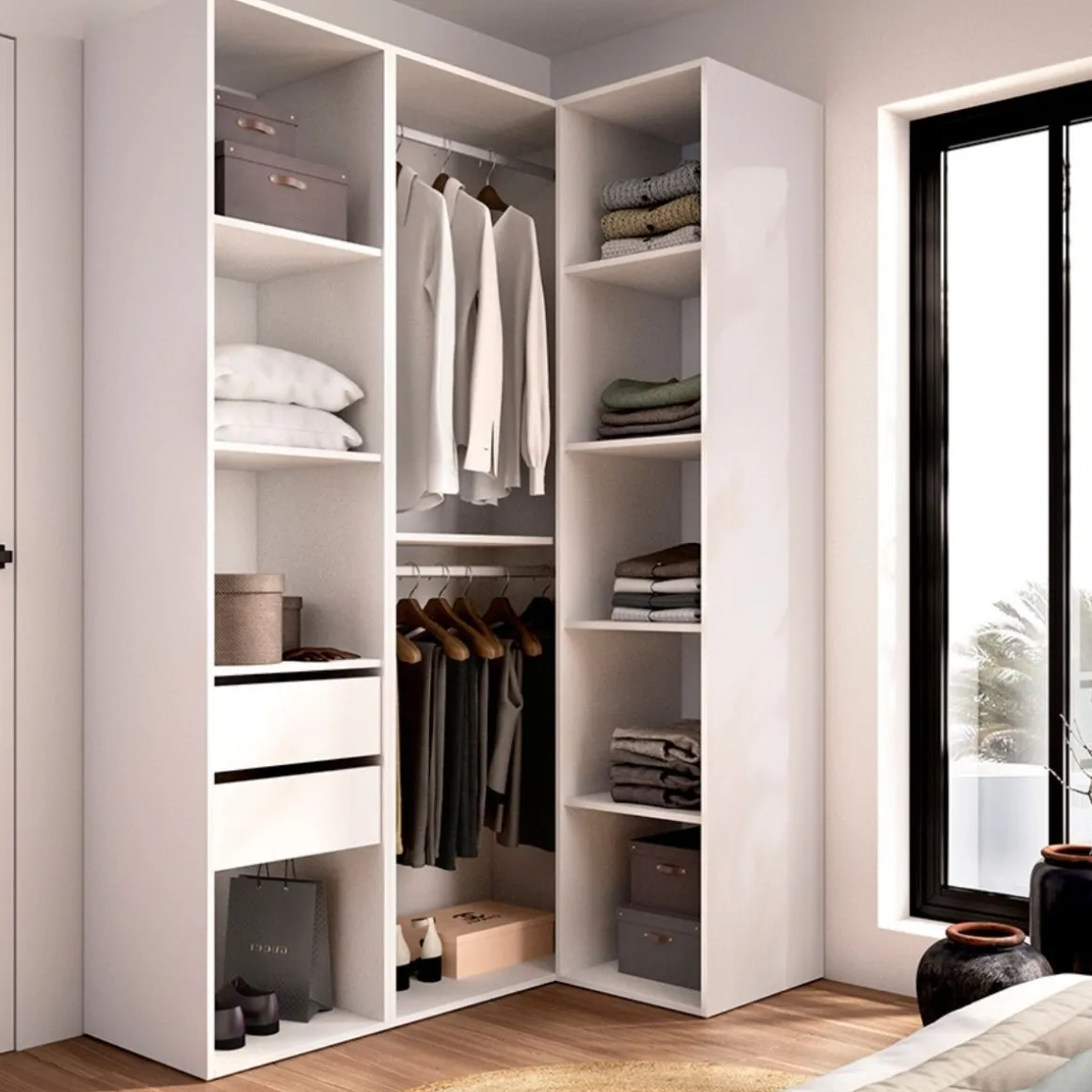 Armario vestidor Suit 2 barras con 2 cajones y 9 compartimentos blanco/natural 205x124x84,5 cm