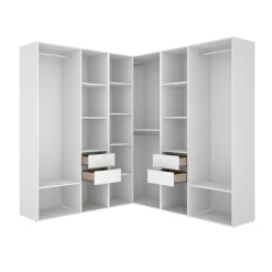 Armario vestidor Suit 4 barras con 4 cajones y compartimentos blanco/natural 205x182,5x182,5 cm