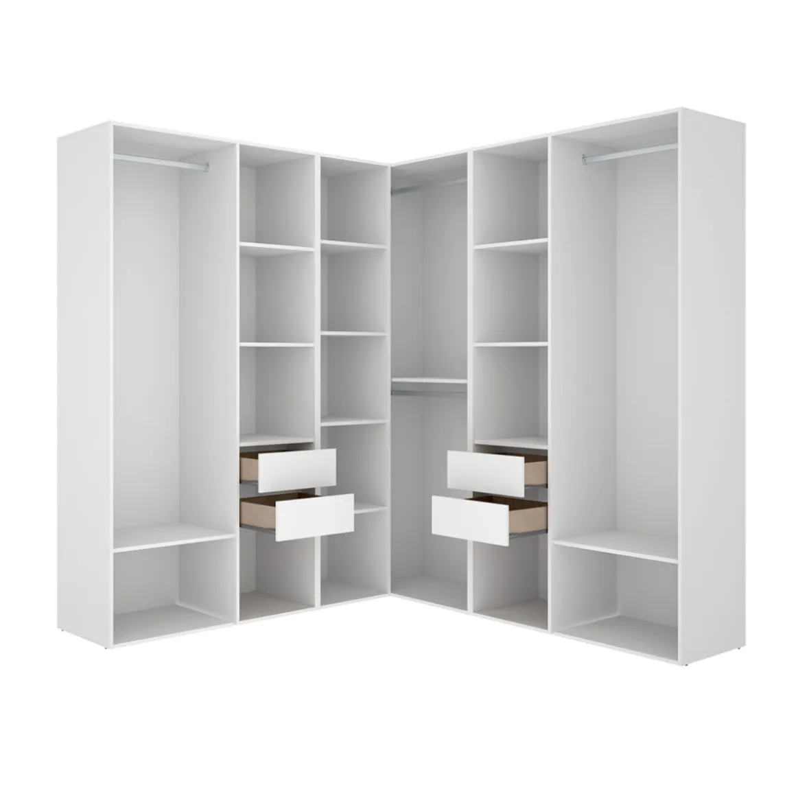 Armario vestidor Suit 4 barras con 4 cajones y compartimentos blanco/natural 205x182,5x182,5 cm