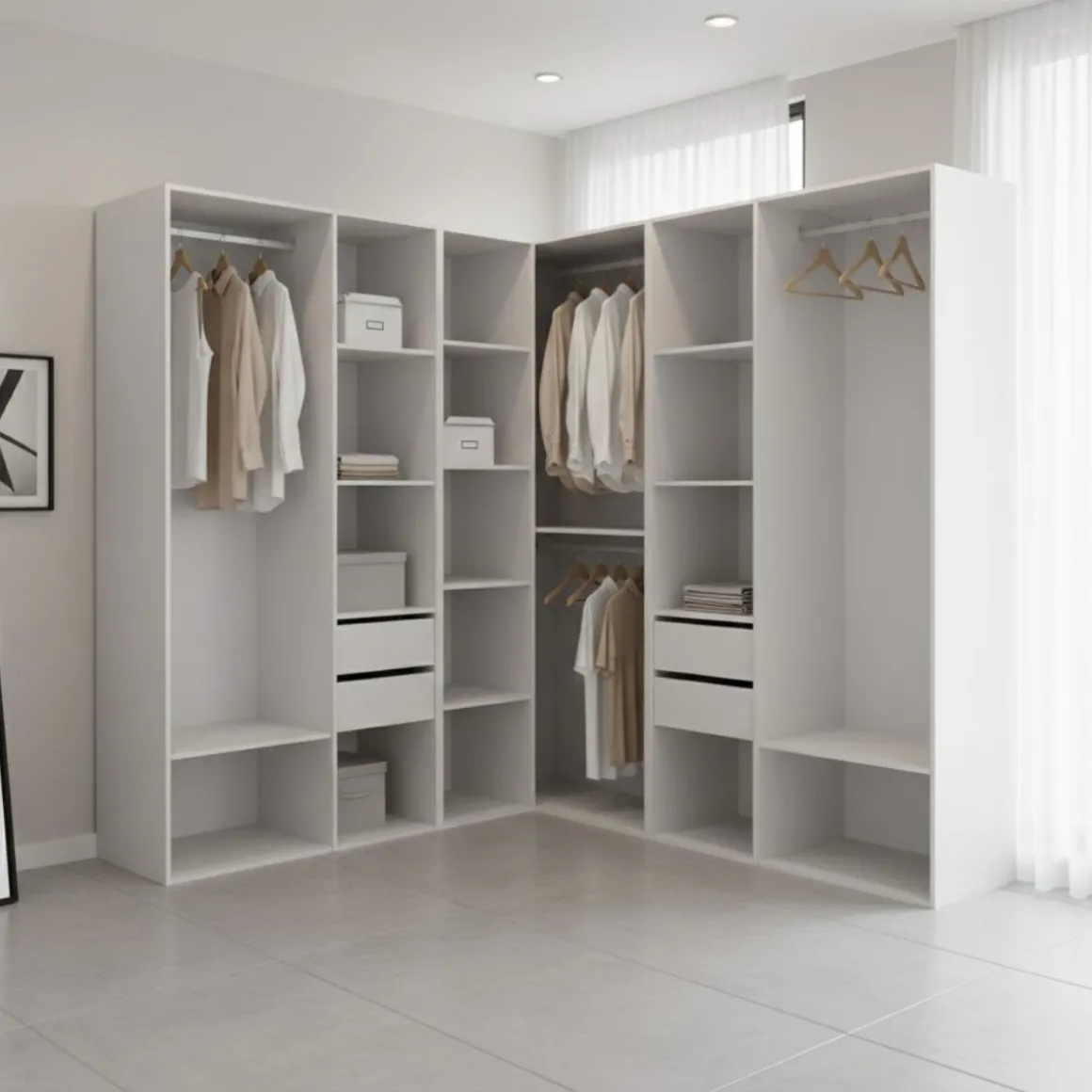 Armario vestidor Suit 4 barras con 4 cajones y compartimentos blanco/natural 205x182,5x182,5 cm
