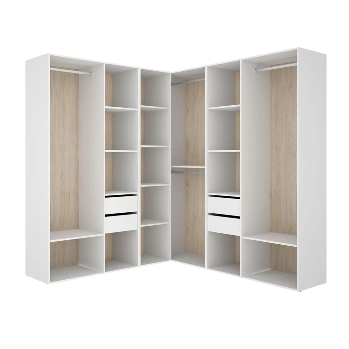 Armario vestidor Suit 4 barras con 4 cajones y compartimentos blanco/natural 205x182,5x182,5 cm