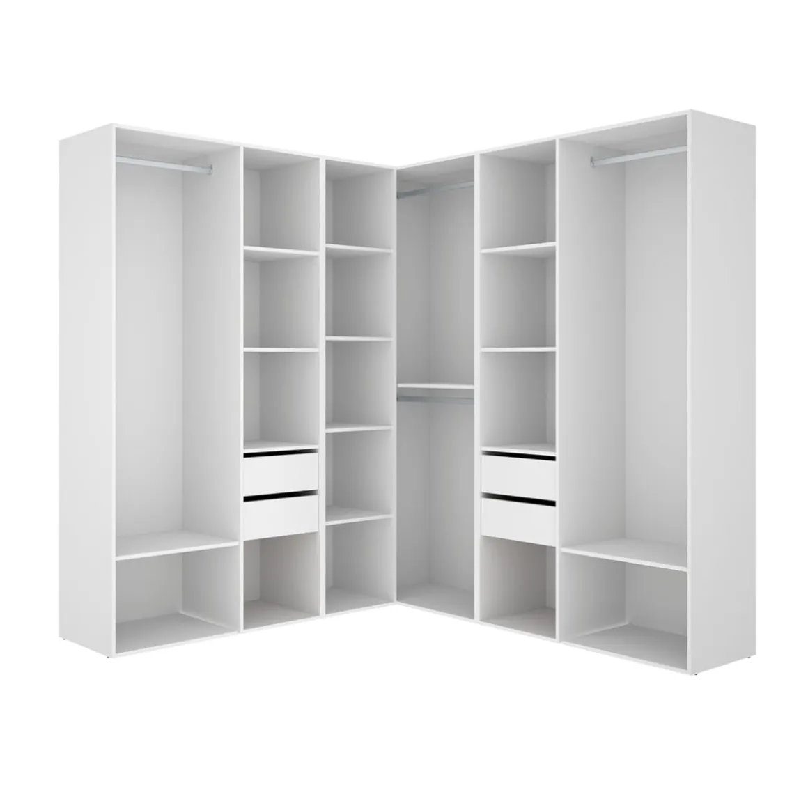 Armario vestidor Suit 4 barras con 4 cajones y compartimentos blanco/natural 205x182,5x182,5 cm