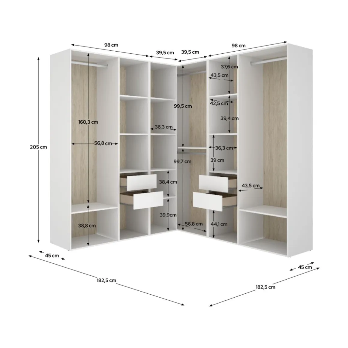 Armario vestidor Suit 4 barras con 4 cajones y compartimentos blanco/natural 205x182,5x182,5 cm