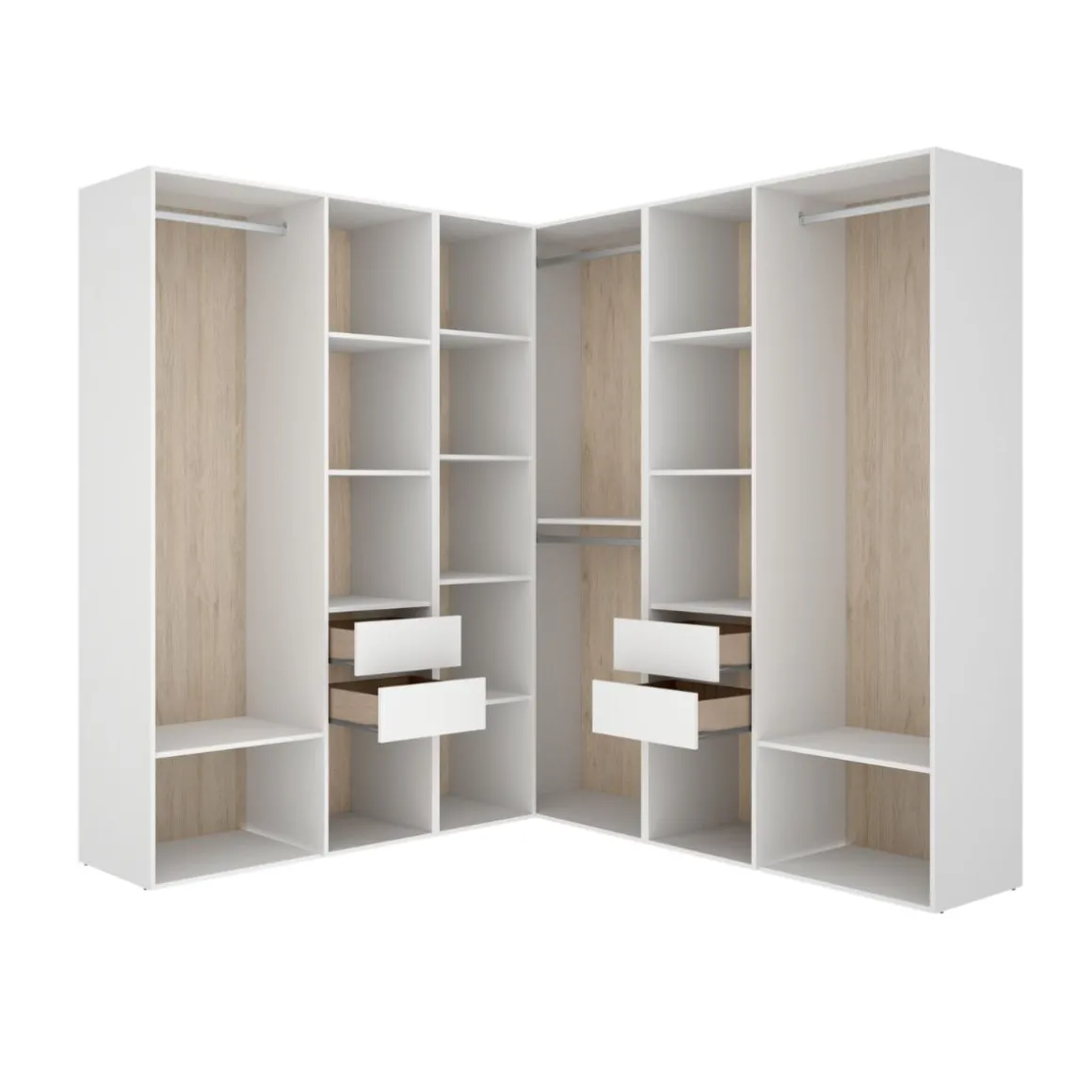 Armario vestidor Suit 4 barras con 4 cajones y compartimentos blanco/natural 205x182,5x182,5 cm